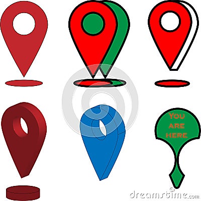Different GPS icons and signs in red green colours. Vector Illustration